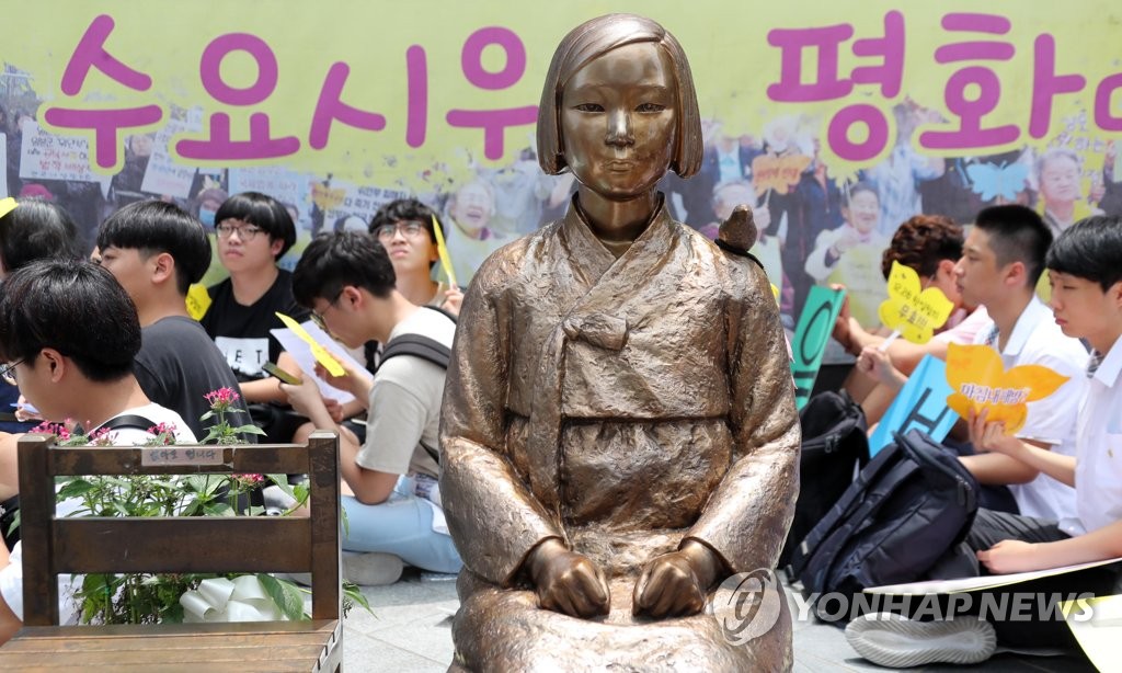 ソウルの日本大使館前にある慰安婦被害者を象徴する少女像＝（聯合ニュース）