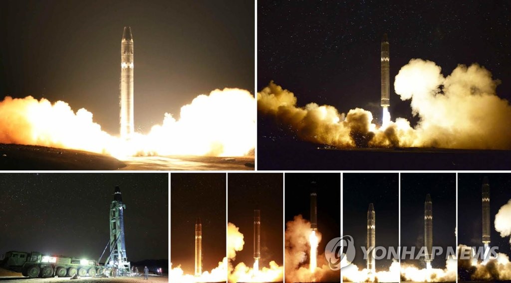 Shown are images of the test-firing of North Korea's Hwasong-15 intercontinental ballistic missile on Nov. 29, 2017, released by the Rodong Shinmun, an organ of North Korea's ruling Workers' Party. (For Use Only in the Republic of Korea. No Redistribution) (Yonhap)