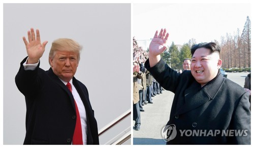 (서울 AFP=연합뉴스) 사진은 1월 8일 앤드류공군기지에서 손 흔들어 인사하는 트럼프 대통령과 1월 13일 조선중앙통신이 보도한 국가과학기술원을 방문한 김정은 노동당 위원장 자료사진 콤보. 2018.3.9 photo@yna.co.kr