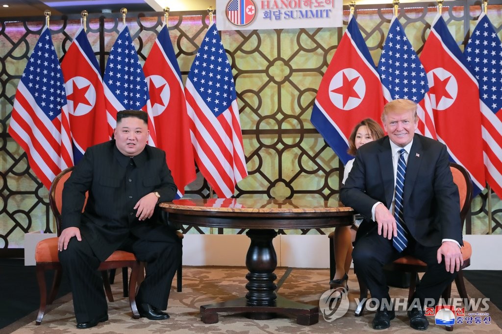 North Korean leader Kim Jong-un (L) and U.S. President Donald Trump hold talks at the Sofitel Legend Metropole hotel in Hanoi on Feb. 28, 2019, in this file photo carried by the North's official Korean Central News Agency the following day. (For Use Only in the Republic of Korea. No Redistribution) (Yonhap)