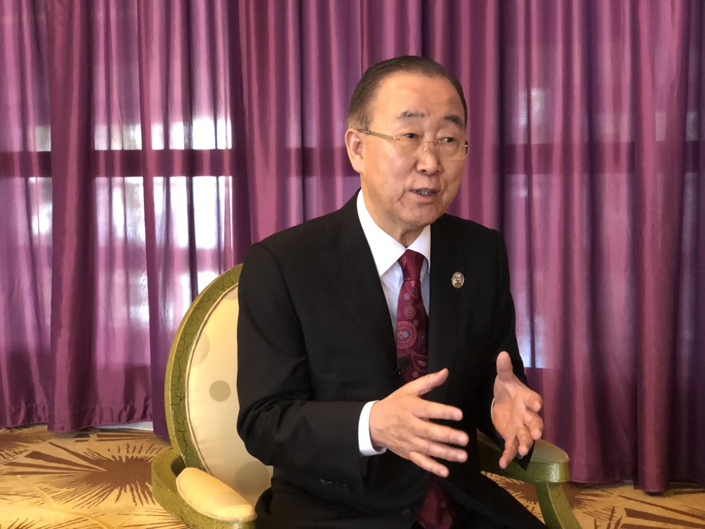 In this file photo taken on March 28, 2019, former U.N. Secretary-General Ban Ki-moon speaks to reporters during the Boao Forum for Asia (BFA) in Boao, Hainan Province, China. (Yonhap)