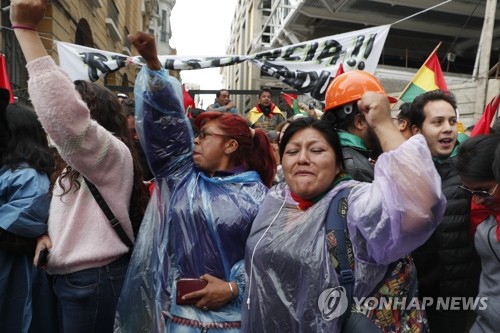 대통령 사임 발표에 기뻐하는 볼리비아 시위대