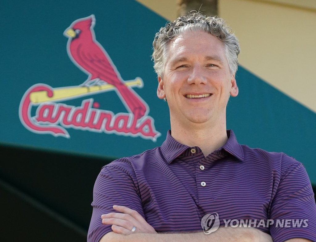 Mike Girsch, general manager of the St. Louis Cardinals, poses for a photo before an interview with Yonhap News Agency at Roger Dean Chevrolet Stadium in Jupiter, Florida, on Feb. 11, 2020. (Yonhap)