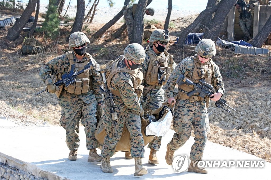 부상자 이송하는 미 해병대원