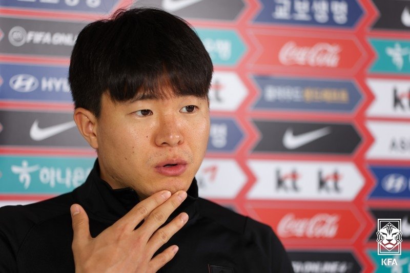 Kwon Chang-hoon of the South Korean men's national football team speaks during an online interview conducted at the National Football Center in Paju, Gyeonggi Province, on June 2, 2021, in this photo provided by the Korea Football Association. (PHOTO NOT FOR SALE) (Yonhap)