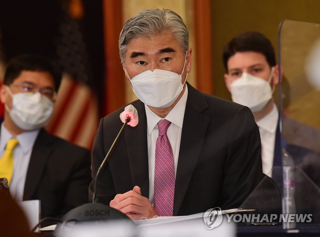 Sung Kim, new U.S. special representative for North Korea, speaks during trilateral talks with his South Korean and Japanese counterparts at the Lotte Hotel in central Seoul in this pool photo taken on June 21, 2021. (Yonhap) 