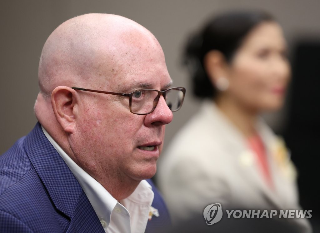 Maryland Gov. Larry Hogan speaks to reporters in a press conference at a Seoul hotel on Sept. 17, 2022. (Yonhap)