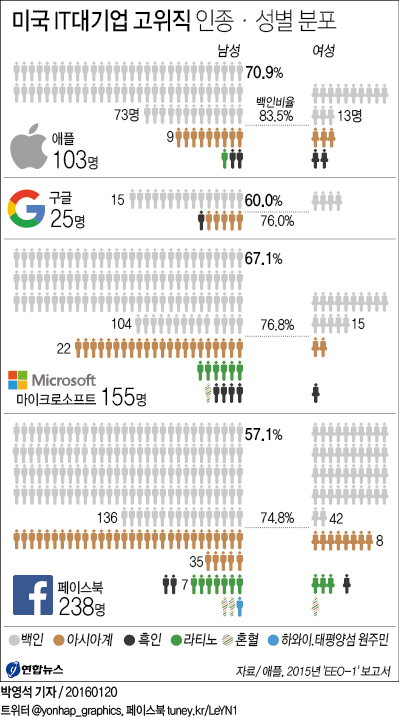 미국 IT대기업 고위직 인종·성별 분포 | 연합뉴스