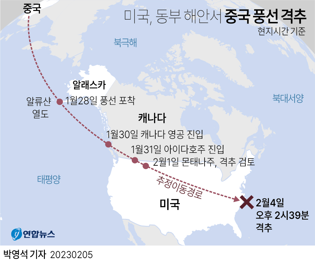 [그래픽] 미국, 동부 해안서 중국 풍선 격추