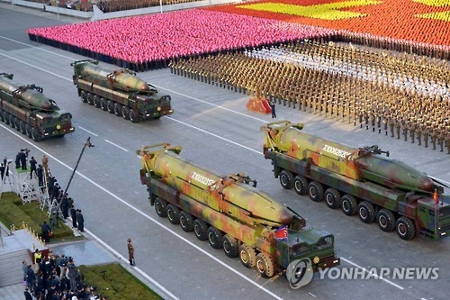 This photo provided by Japan's Kyodo News on Oct. 10, 2015, shows North Korea holding a massive military parade at the 70th founding anniversary of the ruling Workers' Party of Korea. (Yonhap)