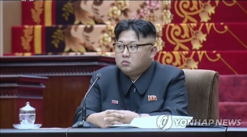 This image captured from footage on North Korea's state-run TV broadcaster on June 29, 2016, shows North Korean leader Kim Jong-un attending a meeting of the Supreme People's Assembly (SPA), the country's parliament. (For Use Only in the Republic of Korea. No Redistribution) (Yonhap)