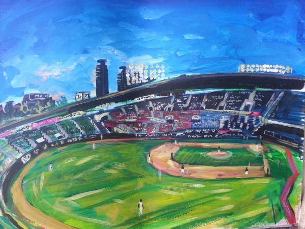 This acrylic painting, provided by Andy Brown, shows Jamsil Stadium in Seoul during a Korea Baseball Organization game. (Yonhap)