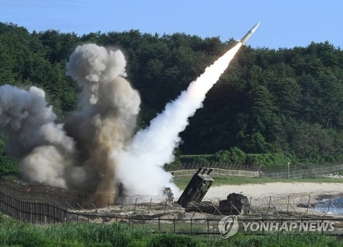 This photo, provided by South Korea's Joint Chiefs of Staff, shows U.S. Forces Korea firing an ATACMS ground-to-ground missile in a joint military exercise with the South Korean military on July 5, 2017 that was intended to send a clear warning against North Korea following its latest missile provocation. (Yonhap)