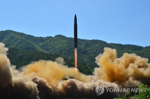 This photo unveiled by North Korea's state news agency on July 5, 2017, shows the country's test-firing of an intercontinental ballistic missile a day earlier. (For Use Only in the Republic of Korea. No Redistribution) (Yonhap)