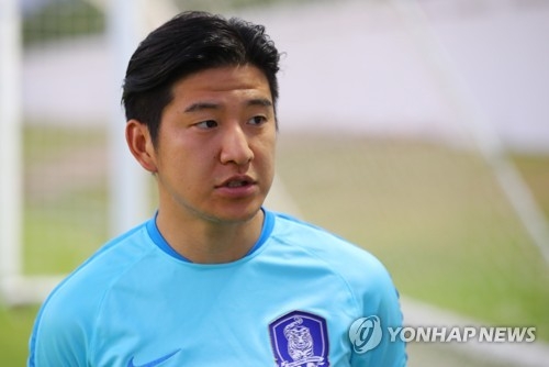 In this file photo taken June 5, 2017, South Korea national football team left back Park Joo-ho speaks to reporters before training in the United Arab Emirates. (Yonhap)