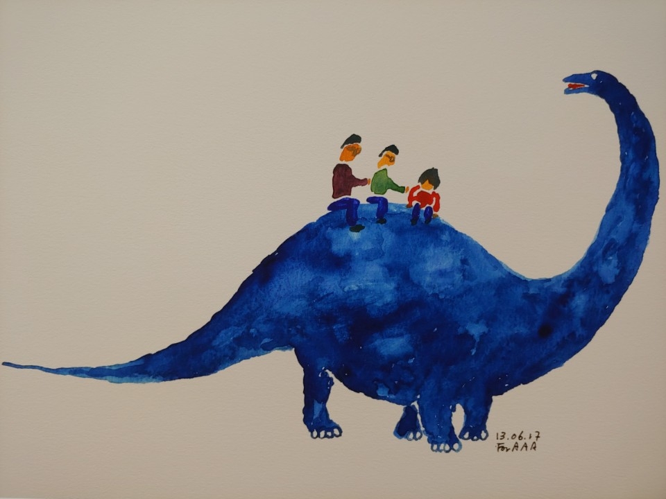 "Riding the Dinosaur" by Lee Chan-jae is on display in an exhibition titled "Drawings for My Grandchildren" at the Brazilian Embassy in Seoul on June 5, 2018. (Yonhap)