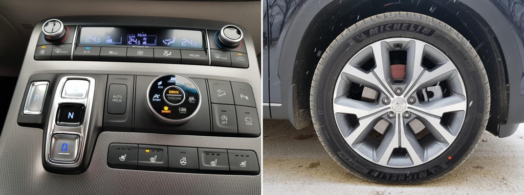 These photos taken on Dec. 11, 2018, show the button-type control system of the Palisade SUV (L) and 20-inch Michelin tires on the flagship SUV. (Yonhap)