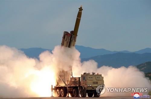 This photo carried by the Korean Central News Agency on Aug. 25, 2019, shows a new super-large multiple rocket launch system tested the previous day. (For Use Only in the Republic of Korea. No Redistribution) (Yonhap)