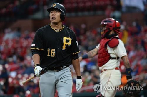 In this Getty Images file photo from May 11, 2019, Kang Jung-ho of the Pittsburgh Pirates (L) reacts after striking out against the St. Louis Cardinals in the top of the eighth inning of a Major League Baseball regular season game at Busch Stadium in St. Louis. (Yonhap)