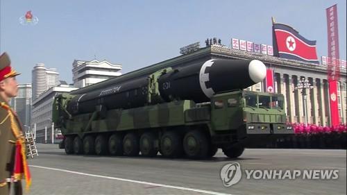 North Korea's Hwasong-15, an intercontinental ballistic missile (ICBM), is displayed during a military parade in Pyongyang marking the 70th anniversary of the country's armed forces, in this photo captured from the North's Central TV on Feb. 8, 2018. (For Use Only in the Republic of Korea. No Redistribution) (Yonhap)