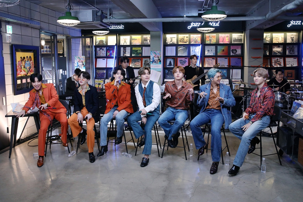 This photo provided by Big Hit Entertainment on Sept. 21, 2020, shows K-pop group BTS performing on the "Tiny Desk Concert" show on National Public Radio in the U.S. (PHOTO NOT FOR SALE) (Yonhap)