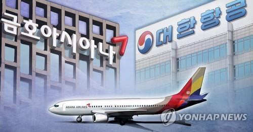 The image shows an Asiana Airlines passenger jet against the background of the Kumho Asiana Group and Korean Air headquarters. (Yonhap)