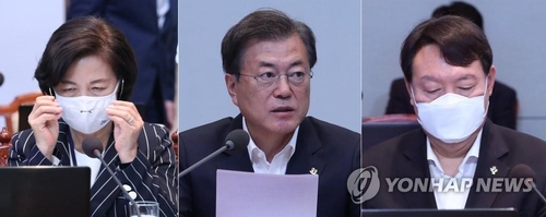 This file photo from June 22, 2020, shows President Moon Jae-in (C), Justice Minister Choo Mi-ae (L) and Prosecutor General Yoon Seok-youl. (Yonhap)