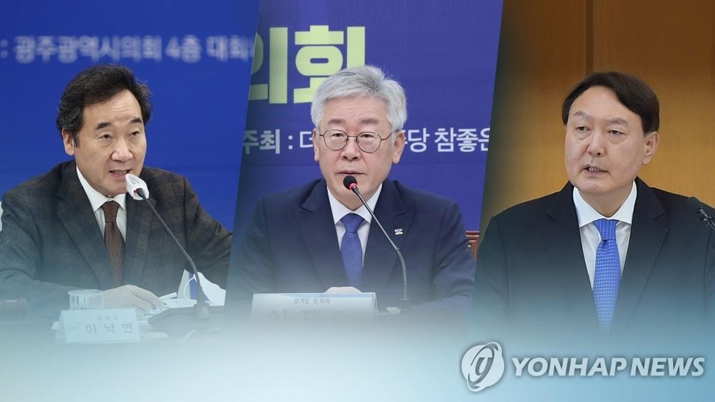 A combined image of (from L) Democratic Party leader Lee Nak-yon, Gyeonggi Gov. Lee Jae-myung and Prosecutor General Yoon Seok-youl in this photo provided by Yonhap News TV (PHOTO NOT FOR SALE) (Yonhap)