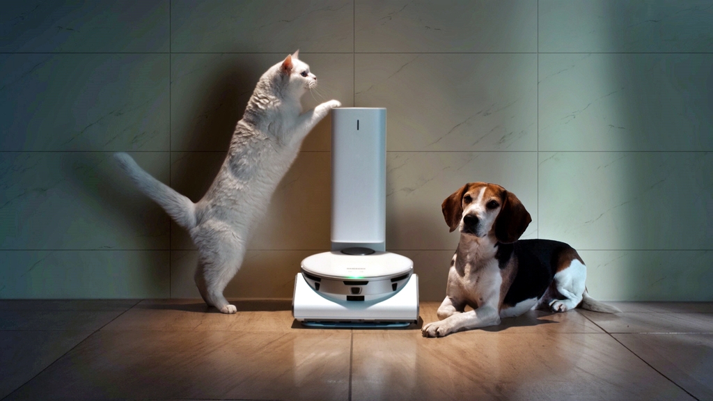 This photo provided by Samsung Electronics Co. on Jan. 11, 2021, shows SmartThings Pet service using its JetBot 90 AI+ vacuum cleaner introduced at the company's online press event for all-digital Consumer Electronics Show 2021. (PHOTO NOT FOR SALE) (Yonhap)