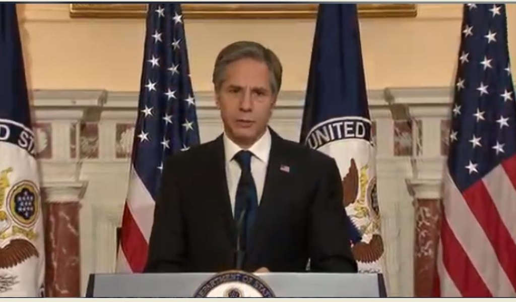 The captured image from the website of the U.S. State Department shows Secretary of State Antony Blinken delivering his first major public speech as secretary on March 3, 2021, at the State Department in Washington. (Yonhap)