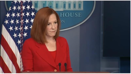 This image captured from a White House Youtube channel shows spokeswoman Jen Psaki answering questions at a daily press briefing at the White House in Washington on April 12, 2021. (PHOTO NOT FOR SALE) (Yonhap)