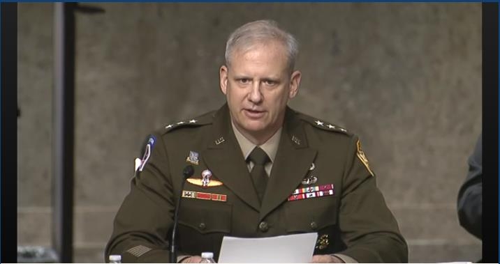 This captured image from the website of the Senate Armed Services Committee shows Army Lt. Gen. Scott Berrier, director of Defense Intelligence Agency, testifying in a committee hearing in Washington on April 29, 2021. (Yonhap)