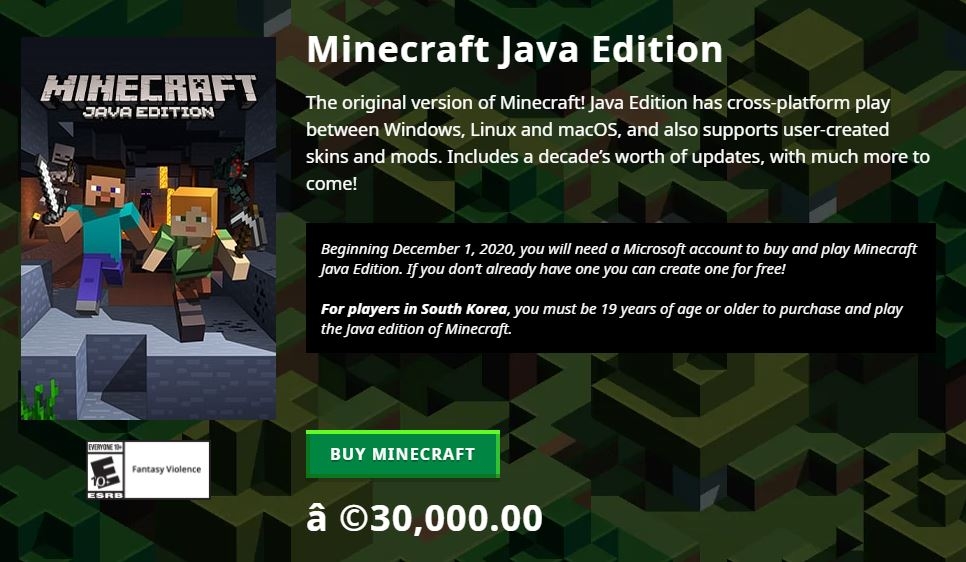 This screen capture from Minecraft's website shows age restrictions in South Korea to purchase the Java edition of the game. (PHOTO NOT FOR SALE) (Yonhap)