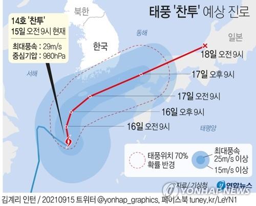 The image shows the expected route of Typhoon Chanthu as of 9 a.m. on Sept. 15, 2021. (Yonhap)