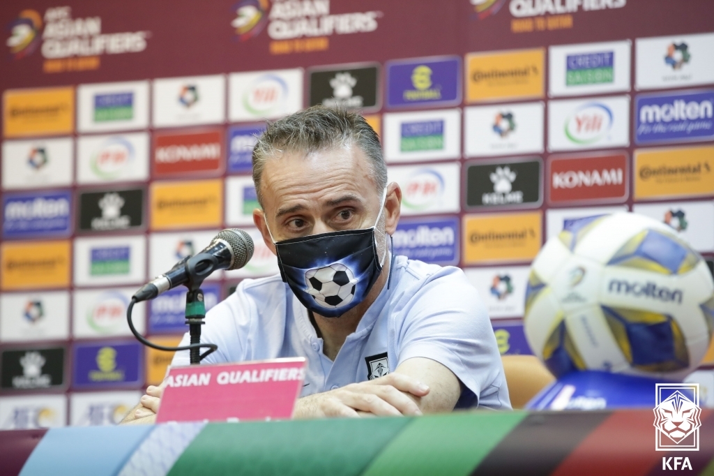 South Korea's head coach Paulo Bento speaks during a press conference at Azadi Stadium in Tehran after South Korea's 1-1 draw against Iran in a Group A match in the final Asian qualifying round for the 2022 FIFA World Cup on Oct. 12, 2021, in this photo provided by the Korea Football Association. (PHOTO NOT FOR SALE) (Yonhap)