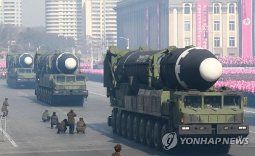 In this 2018 file photo released by North Korea's official Korean Central News Agency (KCNA), Hwasong-15 missiles on mobile launchers are displayed during a military parade at Kim Il-sung Square in Pyongyang. (For Use Only in the Republic of Korea. No Redistribution) (Yonhap) 