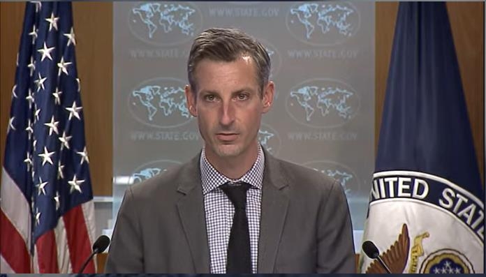 State Department Press Secretary Ned Price is seen speaking in a press briefing at the department in Washington on Feb. 7, 2022 in this image captured from the department's website. (Yonhap)