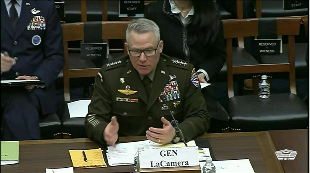 Gen. Paul LaCamera, commander of U.S. Forces Korea, is seen speaking in a hearing before the House Armed Services Committee in Washington on March 9, 2022 in this image captured from the website of the U.S. Department of Defense. (Yonhap)