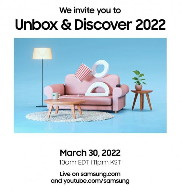 This image captured from Samsung Electronics Co's website on March 25, 2022, shows the Unbox & Discover 2022 online event set to take place on March 30. (PHOTO NOT FOR SALE) (Yonhap) 
