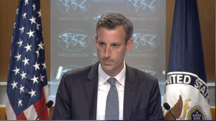 State Department Press Secretary Ned Price is seen answering questions in a press briefing at the department in Washington on May 24, 2022 in this image captured from the department's website. (Yonhap)