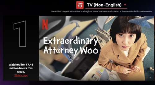 This image captured from Netflix's homepage shows the South Korean TV sensation "Extraordinary Attorney Woo" on top of the global streaming service's top 10 non-English TV programs. (PHOTO NOT FOR SALE) (Yonhap) 