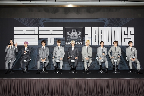 K-pop group NCT 127 speaks during a press conference at a Seoul hotel on Sept. 16, 2022, to promote its fourth full-length album, "2 Baddies," in this photo provided by SM Entertainment. (PHOTO NOT FOR SALE) (Yonhap)