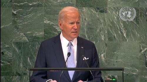 U.S. President Joe Biden is seen addressing the U.N. General Assembly in New York on Sept. 21, 2022 in this image captured from the website of the world body. (PHOTO NOT FOR SALE) (Yonhap)