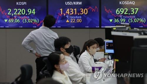 Screens show the benchmark KOSPI stock index, the won-dollar exchange rate and the tech-rich KOSDAQ at a Hana Bank branch in central Seoul on Sept. 26, 2022. (Yonhap) 
