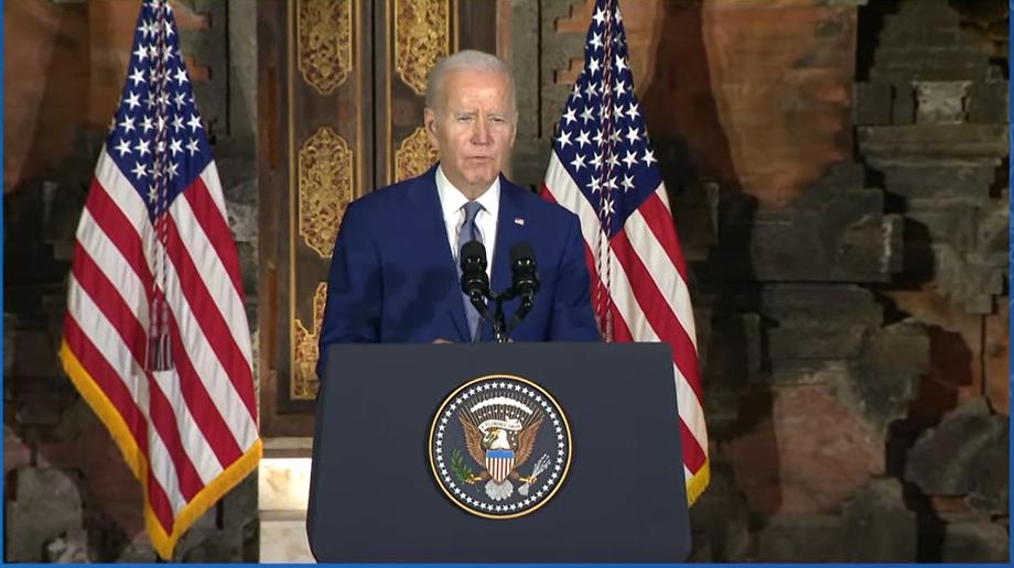 U.S. President Joe Biden is seen answering a question during a press conference held in Bali, Indonesia on Nov. 14, 2022 in this image captured from the website of the White House. (Yonhap)