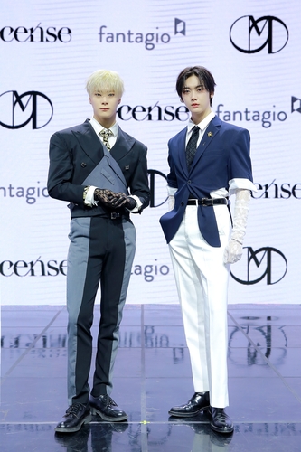 Members of Moonbin & Sanha, a unit of the K-pop boy group Astro, pose for the camera during a media showcase in Seoul for their third EP, "Incense," on Jan. 4, 2023, in this photo provided by Fantagio. (PHOTO NOT FOR SALE) (Yonhap)