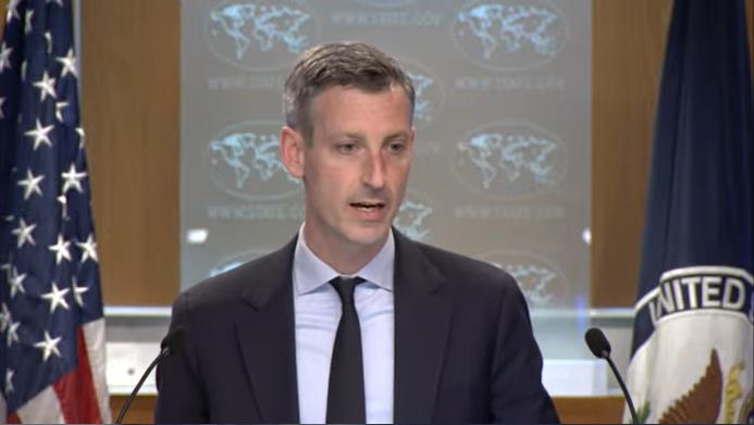 State Department spokesperson Ned Price is seen answering a question during a daily press briefing at the department in Washington on March 6, 2023 in this captured image. (Yonhap)