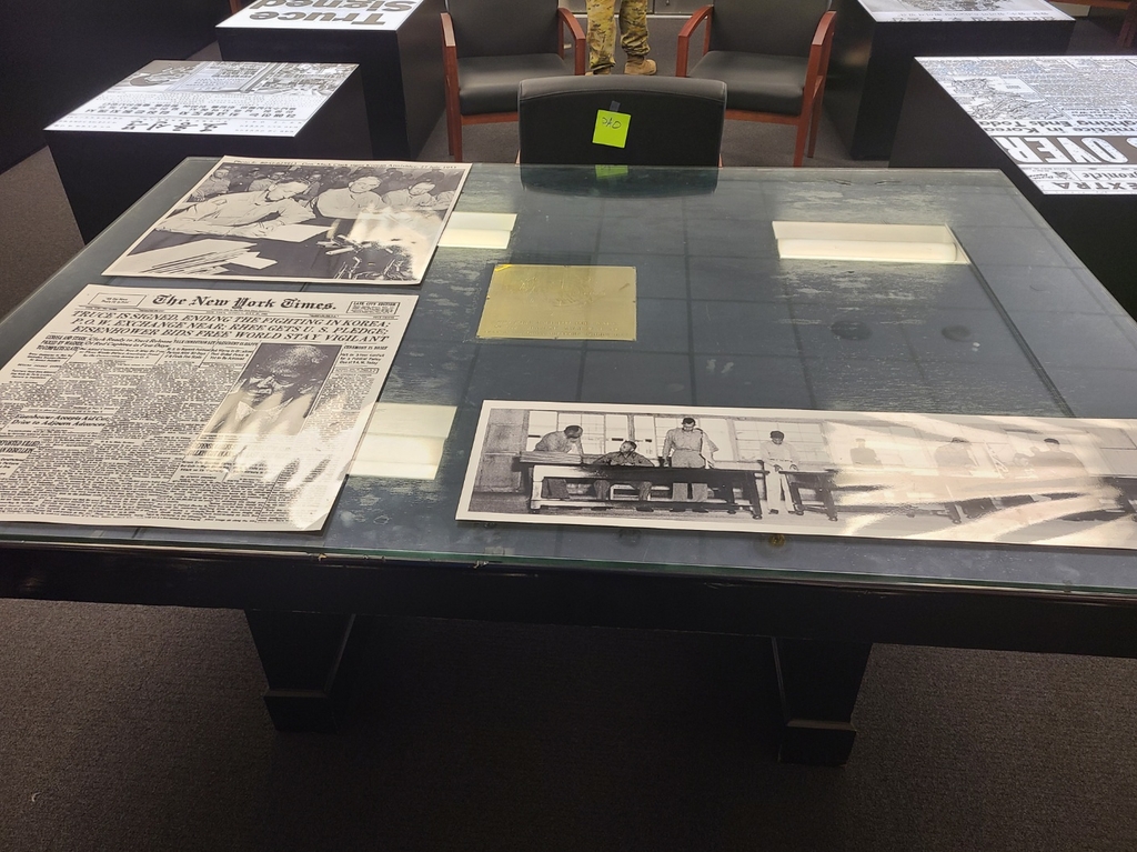 A table used during the signing of the armistice that halted the 1950-53 Korean War is on display at the U.N. Command's headquarters in Camp Humphreys, a U.S. military base in Pyeongtaek, 65 kilometers south of Seoul, on March 10, 2023. (Yonhap)
