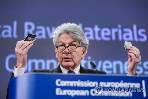 This AFP photo shows EU commissioner for internal market Thierry Breton speaking during a press conference on the Critical Raw Materials Act in Brussels on March 16, 2023. (PHOTO NOT FOR SALE) (Yonhap)