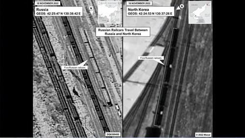 The captured image shows a photo released by the U.S. National Security Council on Jan. 20, 2023, showing a set of Russian railcars traveling between Russia and North Korea on Nov. 18-Nov. 19, 2022 for a suspected delivery of North Korean military equipment to Russia's private military company, the Wagner Group. (PHOTO NOT FOR SALE) (Yonhap)
